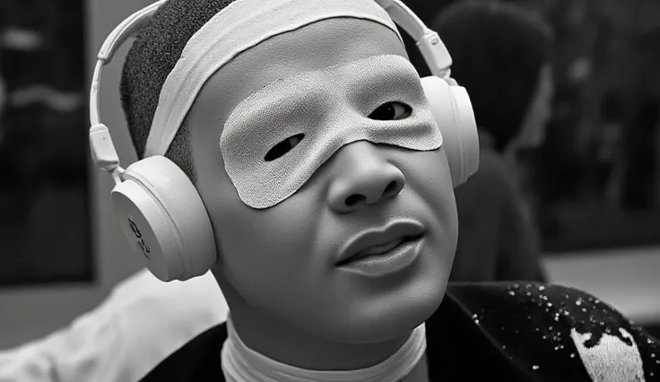 A stylized black and white portrait of a futuristic man. The person has their head wrapped in white bandages covering their eyes. Hes wearing headphones creating a strong contrast with the monochromatic palette. Hes wearing an elegant outfit with dark, shi...