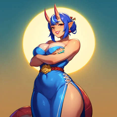 (masterpiece, anthropomorphic fantasy anime style, creative art), a cartoon image of an oni woman in a blue dress, thick, stronger pose, Oppai, in opal armor, Oppai proportions, in a pose, anime goddess, Scales covering the chest, hentai sexy nsfw, curvy, ...