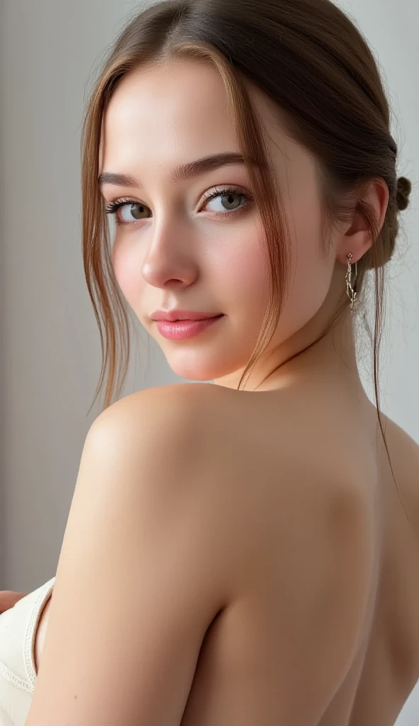 , A hyper-realistic close-up portrait of a beautiful young woman with soft blonde hair tied loosely, natural makeup, and glowing skin. She has light blue eyes, symmetrical facial features, and a calm, confident expression. The lighting is soft and even, cr...