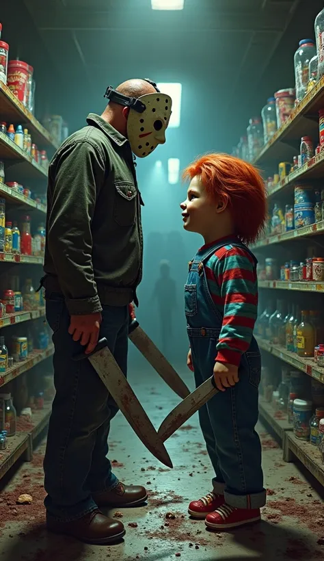 Create a highly detailed and ultra-realistic illustration of Jason Voorhees from "Friday the 13th" and Chucky from the "s Play" franchise standing face to face in a tense standoff within an abandoned, eerie toy store. The toy store is dimly lit, with broke...