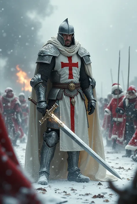 Knight templar santa slaying his enemies on the field of battle