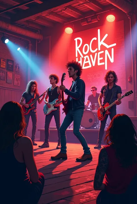 I need the band from an 80s bar in England at night, called Rock Haven ,  realistic cartoon style. Must be from the 80s .