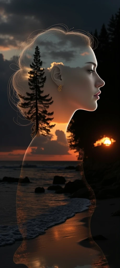 high quality, 8K Ultra HD, A beautiful double exposure that combines an goddess silhouette with sunset coast, sunset coast should serve as the underlying backdrop, with its details incorporated into the goddess , crisp lines, The background is monochrome, ...