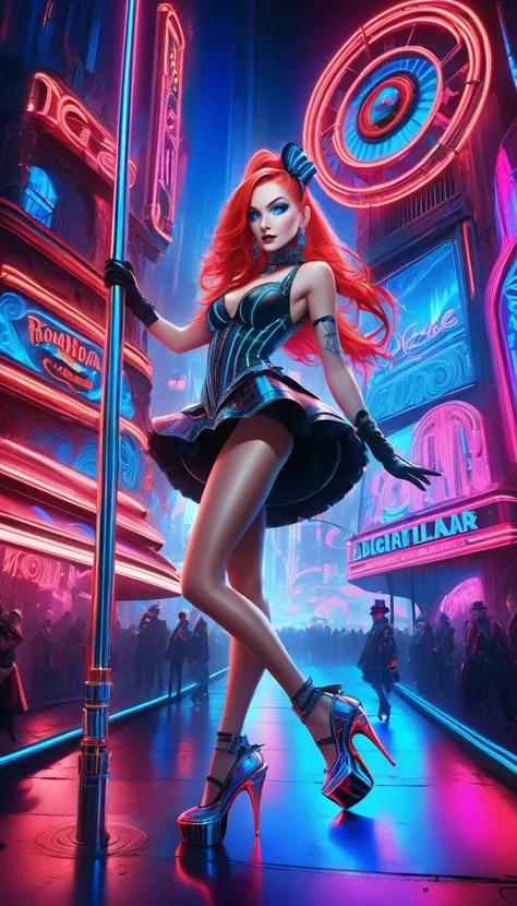 Ultra-realism, cyber punk, 16K, Super Resolution, One Girl, Pole dancer, blue eyes, neon red long hair, Dazzling neon lights, A stage that combines Moulin Rouge and burlesque, Luxury nightclubs, Very detailed, High resolution, High resolutionR, High resolu...