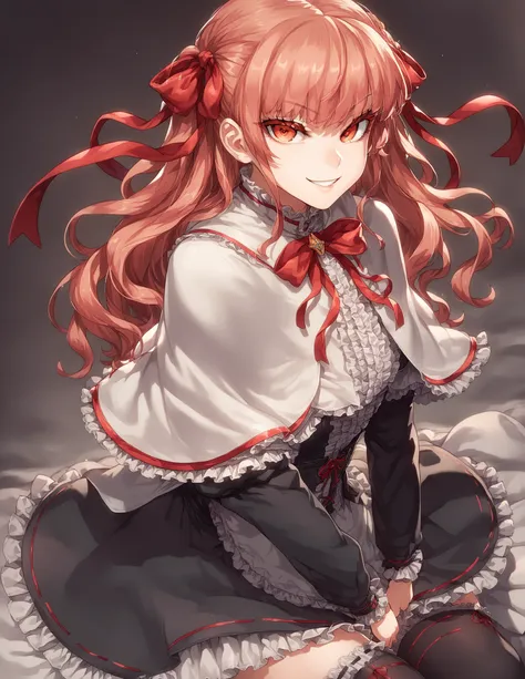 1girl, solo, female,
capelet, dress, frilled dress, frills, gothic, hair ribbon, puffy long sleeves, red ribbon, thighhighs, smile, looking at viewer, smirk
BREAK
score_9, score_8_up, score_7_up, score_6_up, source_anime, rating_safe 