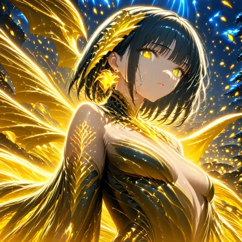 1girl,Black short hair,yellow fantasy  style,yellow Eyes,earings,anime,night,chiaroscuro,cinematic lighting,large quantity of petals,night,dark fantasy,lighting,graveyard background,masterpiece,best quality,ultra detailed,8k portrait,unity 8k wallpaper,sup...