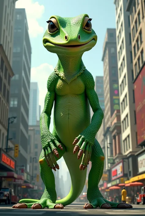 giant gecko green feet in a city pov 

