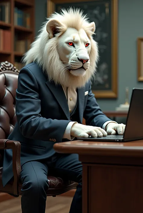 Albino lion wearing a suit sitting on a saddle messing with a computer
