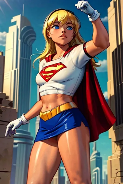 (cowboy shot), SFW, (masterpiece), (best quality: 1.0), (ultra highres: 1.0), detailed eyes,
BREAK
Supergirl, 1girl, long blonde hair, in the air, flying
hair band, (white) crop top, short sleeves, cape, blue pencil skirt, gloves, boots
BREAK
(clouds, city...