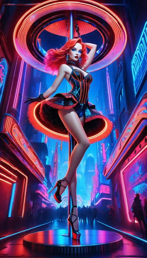 Ultra-realism, cyber punk, 16K, Super Resolution, One Girl, Pole dancer, blue eyes, neon red long hair, Dazzling neon lights, A stage that combines Moulin Rouge and burlesque, Luxury nightclubs, Very detailed, High resolution, High resolutionR, High resolu...