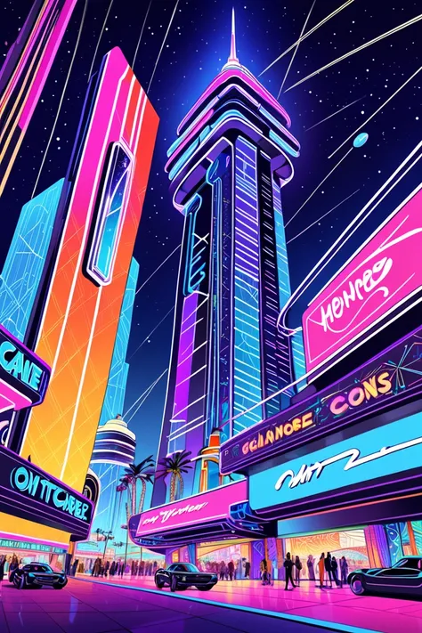 draw A futuristic las vegas, at midnight, with hot colors