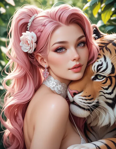 a very beautiful woman, pink hair, tatooed, sexy posing, with a white Tiger, Zoo background