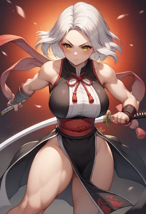 score_9, score_8_up, score_7_up, source_anime, best quality, clear face,samurai girl,white hair, orange eyes, medium hair, large breasts, perfect body, bending over, looking at opponent, cute concentrated, black dress,cute dress, indoor,blushing,embrassed,...