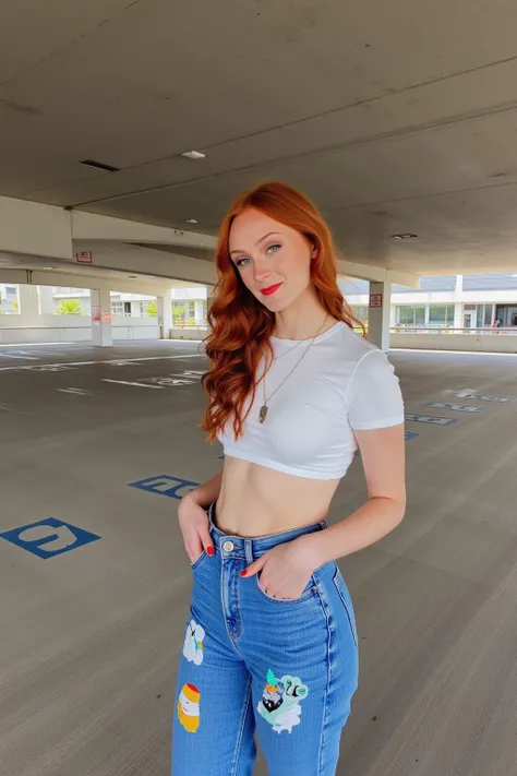 emmaleiah. This photograph captures a young woman standing in an urban parking garage. She is a slender, Caucasian woman with long, curly red hair cascading down her back. She has a fair complexion and a youthful appearance. She is dressed in a white crop ...