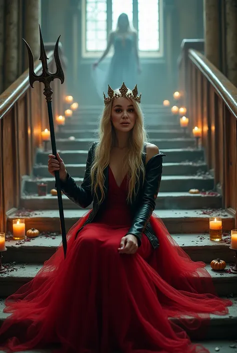 (( The best quality)), ((  masterpiece )), (detailed), 1 woman, trident ,   bare shoulder leather jacket with long red tulle dress,  long blonde wavy hair with crown  ,   sitting on old church steps ,  Lights everywhere  ,  smoking a cigarette  , Candles l...