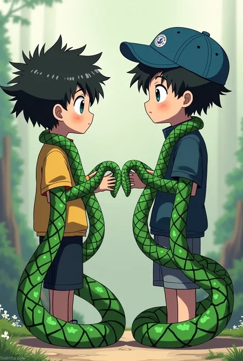  made in an anime style two young boys ，Their hands and feet all turn into green snake scales with black stripes，Head Maintains Human Skin，Their hair is finely fragmented. The color of the cap is blue 。