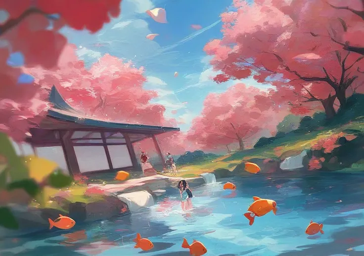  a stream with red koi fish swimming in it,  its raining and you can see raindrops in the stream , delicate colors,  anime drawing , Hayao Miyazaki, low file 