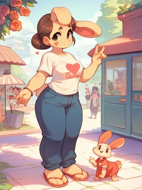 bend over , cartoon furry rabbit , A big sister , heart is beating fast , Long length baggy T-shirt , ok hand sign
, erotica 
, Mature , Euphoria , (coquettish) , (bold action) , fabulous , sensational , Feminine , cute face , looking viewer