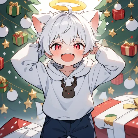 （masterpiece：1.2，high quality），8k，High resolution，A seven-year-old boy，cute boy，white hair，short hair，light red eyes，slit pupils， ahoge，cat ears，laughing， skin catch，halo，Wearing a white hoodie，Dark blue shorts，Christmas ，Christmas tree，Gift，primary school...