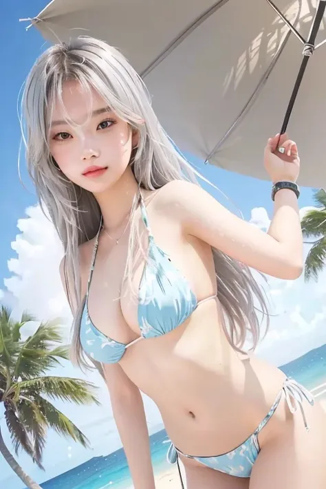 girl with long silver hair in a bikini posing on a beach with an umbrella, seductive  girl, visual of a cute girl, best girl, smooth art, attractive girl, on a sunny beach, in the beach, ( girl), at the beach, at a beach, beautiful girl, pretty  girl, real...