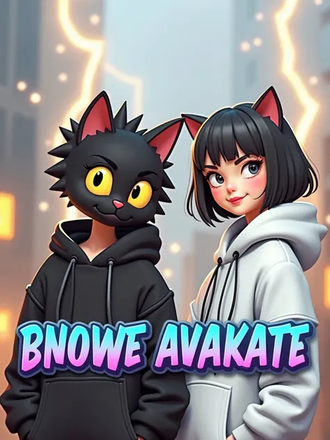 Create game character of a cute chibi-style black cat with yellow eyes in a lightning element theme, rendered in a Disney Pixar 3D art style. The cat should be in a different pose, wearing a black sweatshirt hoodie with matching black sneakers. The backgro...