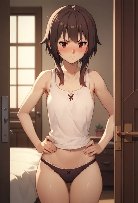 Megumin, 1girl, solo, breasts, short hair, brown hair, red eyes, ((tanktop)), standing up, panties, thick thighs, hands on waist, blush, dooway, (blushing), angry, bedroom, at the door, bed