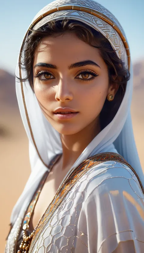 Desert princess, ((beautiful arabic young woman)), modelo 3d de (ah, mulher) unreal engine 5 4k rendering volumetric lighting by greg rutkowski trends in artstation cgsociety rendered in cinema4D octane redshift blender cycles 8K 3HD photorealistic cinemat...