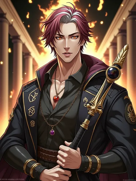 (anime), ((    Mature man))  Of muscular stature        , about 1,80 m, weight of 90 kg,  fair skin , deep eyes with warm colors        , having heterochromia (roses and oranges),        medium length wavy hair     ,        its color is slightly dark red w...