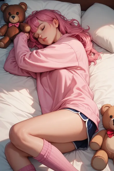 score_9, score_8_up, score_7_up,,

portrait of 1 girl, sleeping with a teddy bear, lying on her bed, pink shirt, pink knee-high socks, view from above
