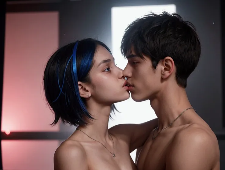  A teenage boy and girl , ,  with the facial expression of ren , seen far away , Slender, completely naked ,  a skinny boy with a strong chest and a skinny girl with a well-defined waist.  They are kissing each other on the lips , hugged, completely naked ...