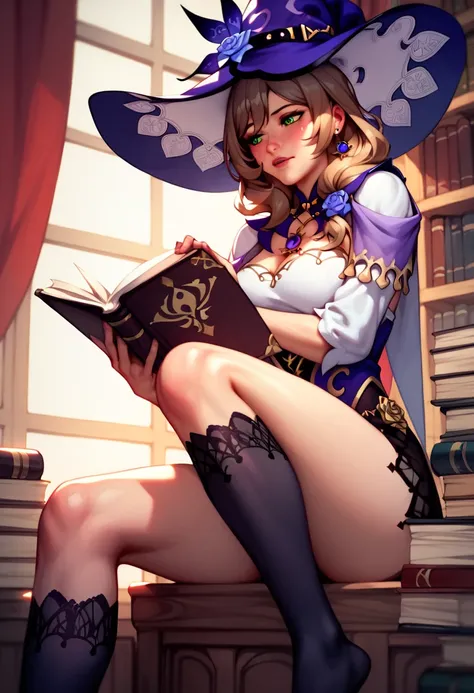      top quality,   detailed illustration 、  Witch Having Sex In The Cowgirl Position While Reading A Book In The Library、Lisa（ Genshin Impact）、 Knee-high lace socks 、  has no feelings、Indifference、 calm、Look away、  Looking at a book   