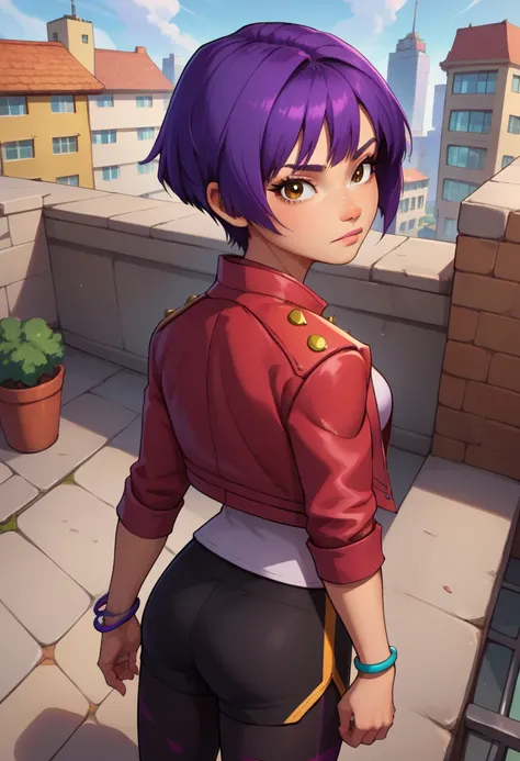  score_9,  score_8_above,  score_7_above, BREAK,snails, 1 girl, Alone,  short hair,  Black hair, jewelry, jacket, The purple hair , Bermuda, bracelet, makeabove, casual, cropped jacket, Leggings, sleeves pushed above, Capri pants, black Leggings,  gunman s...