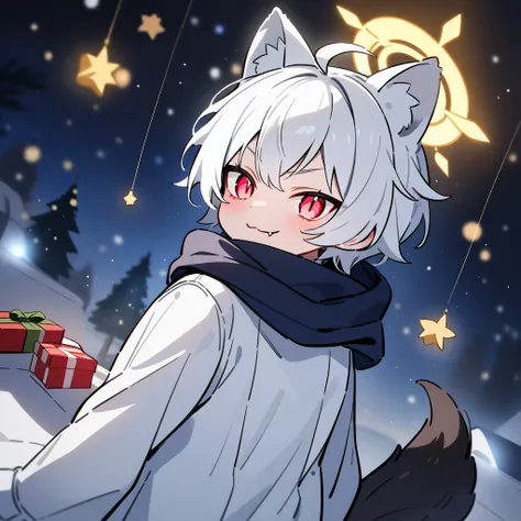 （masterpiece：1.2，high quality），8k，High resolution，A seven-year-old boy，cute boy，white hair，short hair，light red eyes，slit pupils， ahoge，cat ears，evil smile，Fang Out，halo，It has black wings on the back，Wear a white cotton coat， white coat，scarf，Dark blue sh...