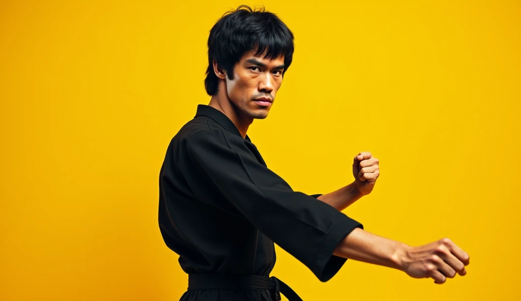 Bruce Lee picture on yellow background text Bruce Lee big size 