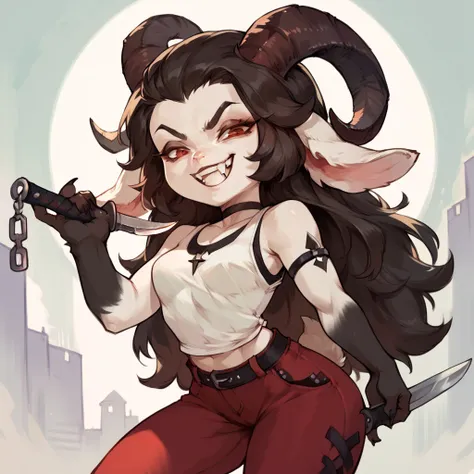 a chibi goat girl with fangs, looks evil, sadistik evil grin, has 4 horns, black brown and white fur, holding a knife, wearing red pants and a white tank top