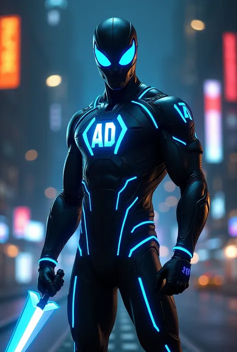 A sleek superhero in a futuristic, skin-tight black suit with glowing blue accents, standing in a powerful and dynamic pose. The suit features a glowing AD logo in the shape of a shield on the chest and large glowing blue Spider-Man-like eyes on the mask. ...