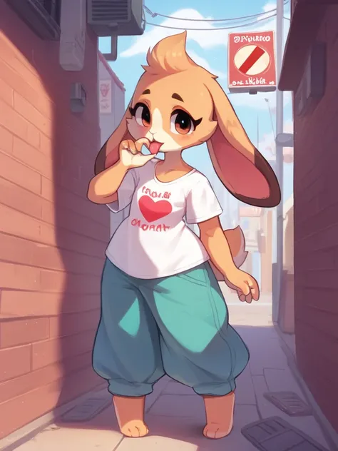 focus face , In the back alley , cartoon furry rabbit , A big sister , heart is beating fast , Long length baggy T-shirt , (OK sign) , Licking gesture
, erotica 
, Mature , Euphoria , (coquettish) , (bold action) , fabulous , sensational , Feminine , cute ...