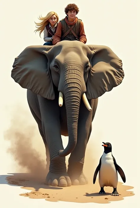 An elephant, who runs towards the observer ,  on the back a young man and a young woman .  From the observer to the right of the elephant, a black and white penguin waddles, Also in the direction of the observer . Otherwise no front and background .

 You ...