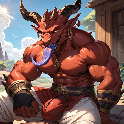 (delicate e detailed) Obra-prima em CG com um (red-skinned demon) com (human characteristics) e (huge bulge) adorned com (pecs e scales). ele tem (horns e earrings) para mostrar seu (powerful e dominant) natureza. The character is holding his bulge com (ma...