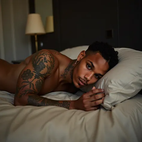 shoulder level shot of a naked light skin 23 year old african american male confidently laying in his own bed with an aura of dominance, the bedroom should be a lavish bachelor pad style. Shot with a Leica M10. (1 caucasian mixed african american biracial ...