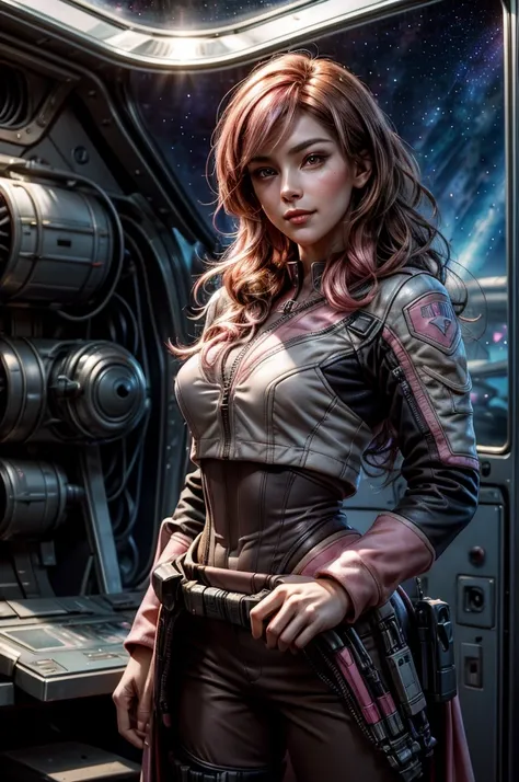 pink and brown hair, multicolored hair, neopolitanatlas, tactical suit, smile, standing inside space station, with male crew member, in front of control panel, behind them a huge window showing a spaceship standing against a background of stars and a plane...