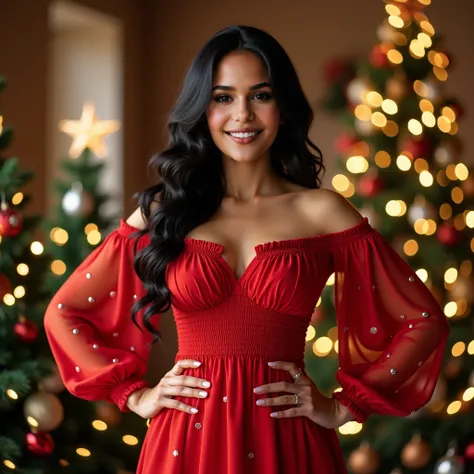 An ultra-realistic and highly detailed 4K UHD photograph of a Latina woman with medium-toned skin and long, wavy black hair, standing confidently with both hands on her hips. She is wearing an elegant off-shoulder red dress styled with elastic detailing, f...