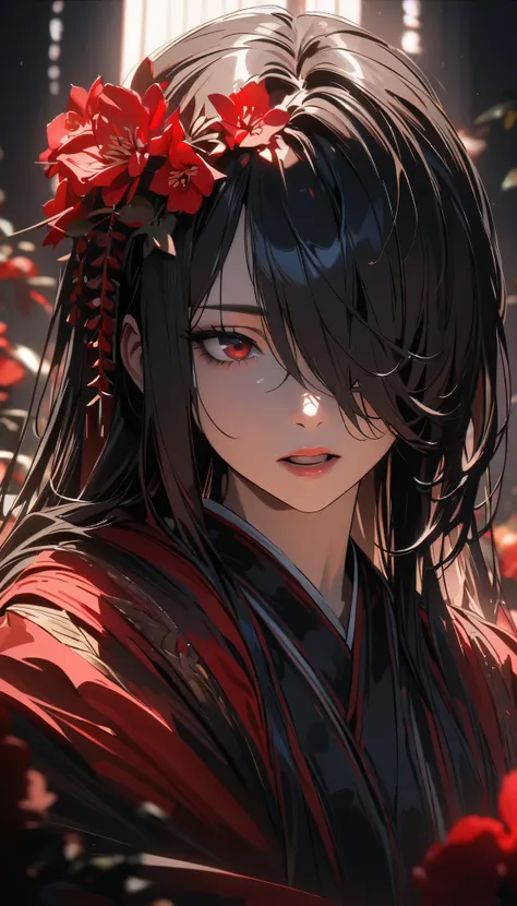 mature female, black long straight hair, hair over one eye, singing, gothic traditional japanese clothes, red flowers, (best quality,4k,8k,highres,masterpiece:1.2),ultra-detailed,dramatic lighting,dramatic shadows,cinematic composition,intricate details,ri...