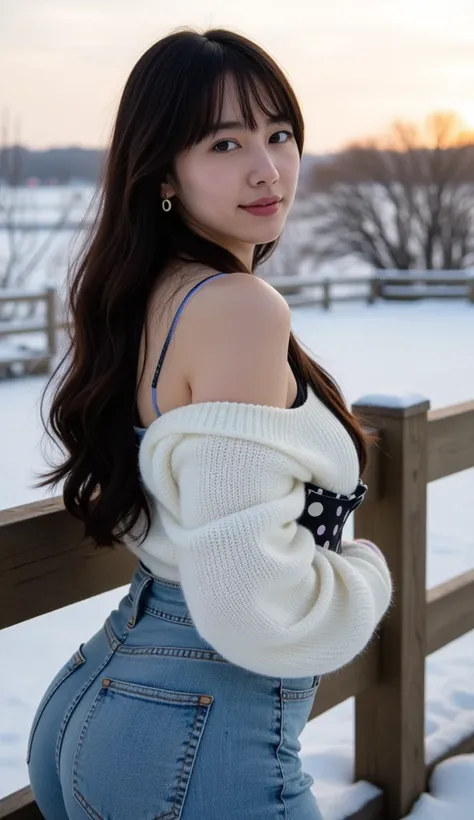 19 years old 、bangss、(((  Fashionable clothes for winter)))、Medium milk, cute  face、(Butt sticking out pose)、(turned around)、 Hokkaido 、Seaside、Asahi、Big necklace、earrings、Photos showing the whole body Its snowing) sunrise((( extreme close-up))) long hair,...