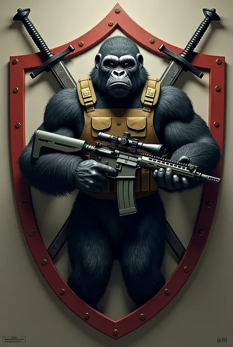  Shield coat of arms with gorilla in a vest and rifle 762. And at the bottom place T-31 and 3rd CIA .
I also want two swords crossing the shield from behind.