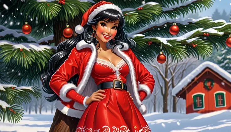 Best quality, realistic gouache illustration with BLACK lines, lateral point of view of a BRAZILIAN woman, straight black hair, BANGS, beautiful face, smiling, wearing red and white fashion santa claus jacket, red and white fitted shouderless midi dress, b...