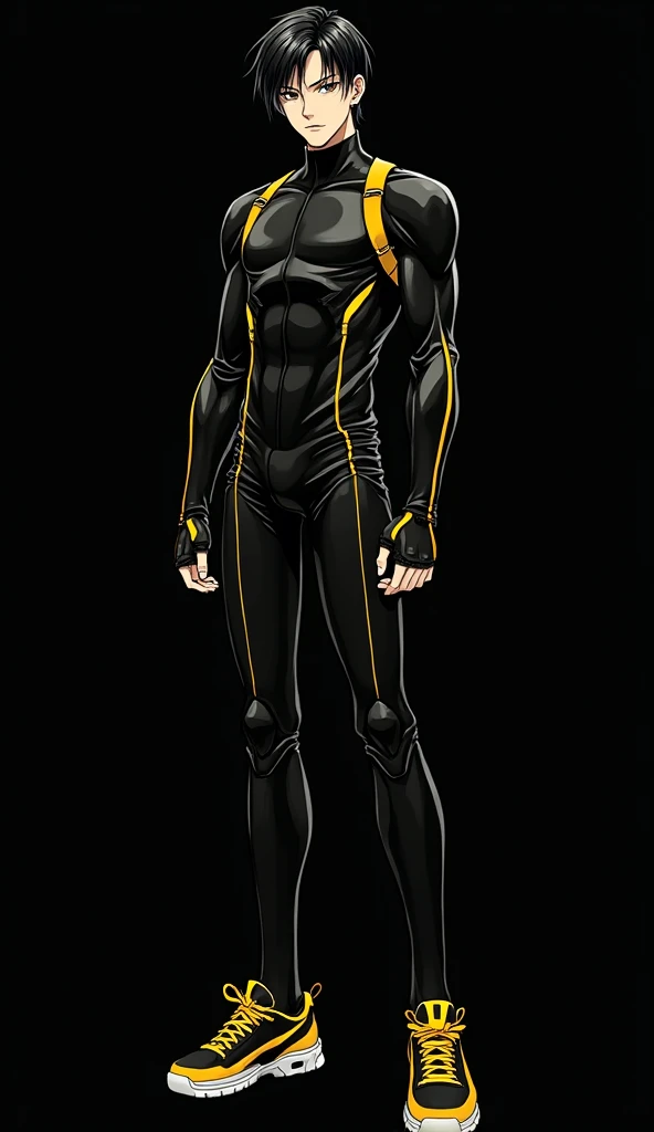 handsome anime male、 anime illustration、whole body、Black clothes、Accent color is yellow 、 black hair、Hair style slicked back、 cyberpunk style costume、Sneakers with yellow lines on a black background、