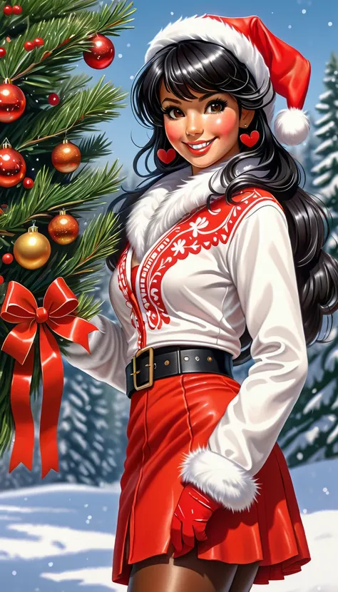 Best quality, realistic gouache illustration with BLACK lines, lateral point of view of a BRAZILIAN woman, straight black hair, BANGS, beautiful face, smiling, wearing red and white fashion santa claus jacket, red and white fitted shouderless midi dress, b...