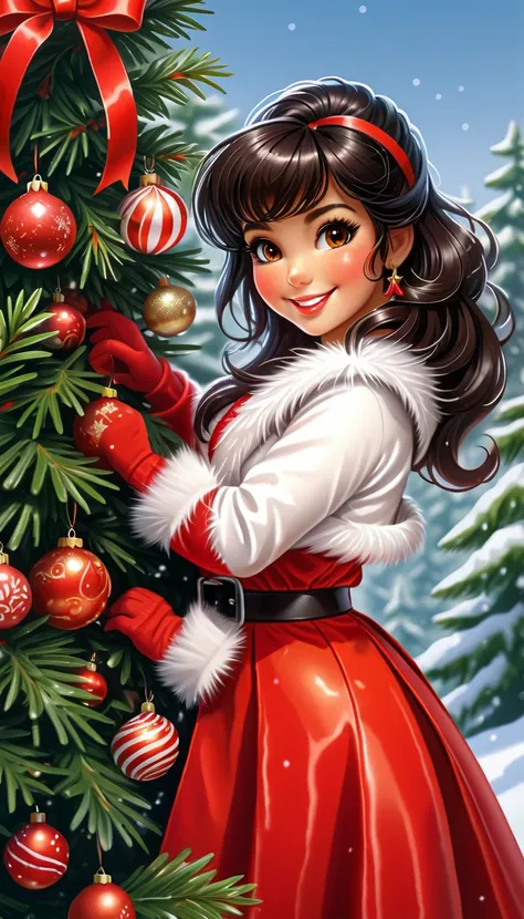 Best quality, realistic gouache illustration with BLACK lines, lateral point of view of a BRAZILIAN woman, straight black hair, BANGS, beautiful face, smiling, wearing red and white fashion santa claus jacket, red and white fitted shouderless midi dress, b...