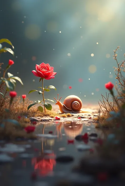 Please add a red rose flower and a snail to that picture 